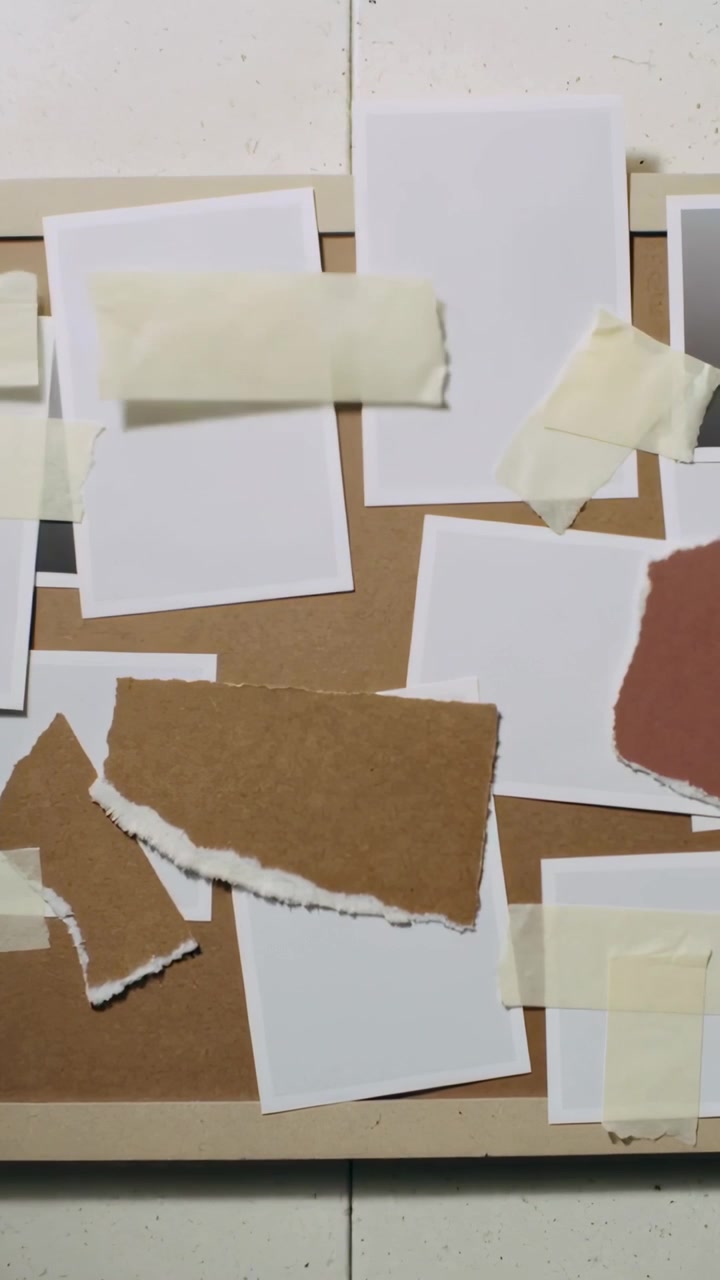 Vertical video: Dropping white cards onto corkboard, forming collage with tape and torn cardboard