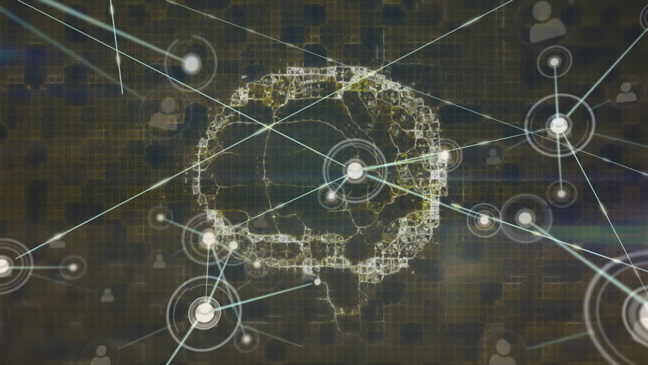 Animation of network of connections over spinning human brain icon against green textured background