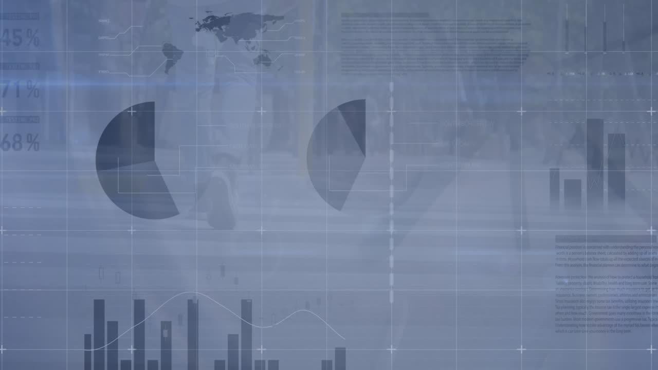 Animation of financial data processing over busy city street