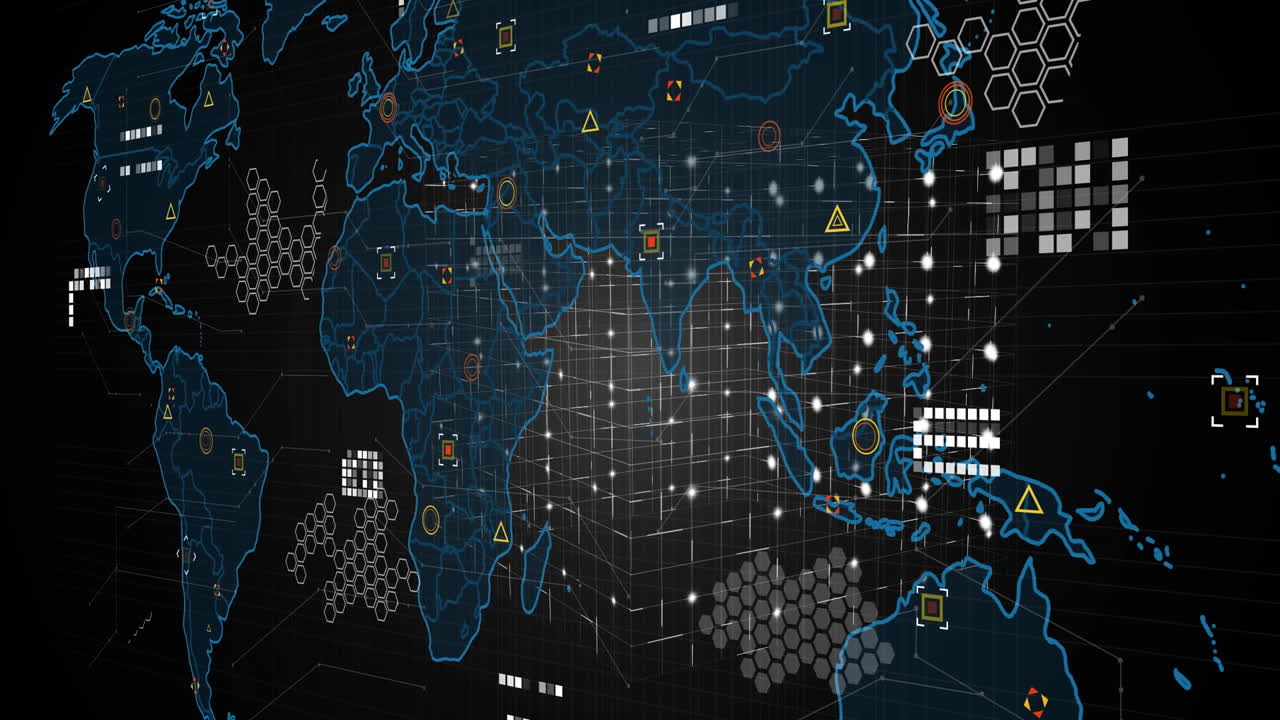 Digital animation of data processing over world map and 3d abstract cube shape on black background