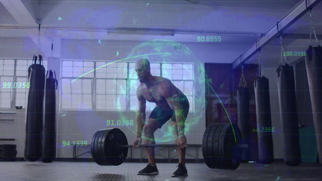 Single man deadlifting barbell as holographic overlay appearing guiding lift for fitness analysis