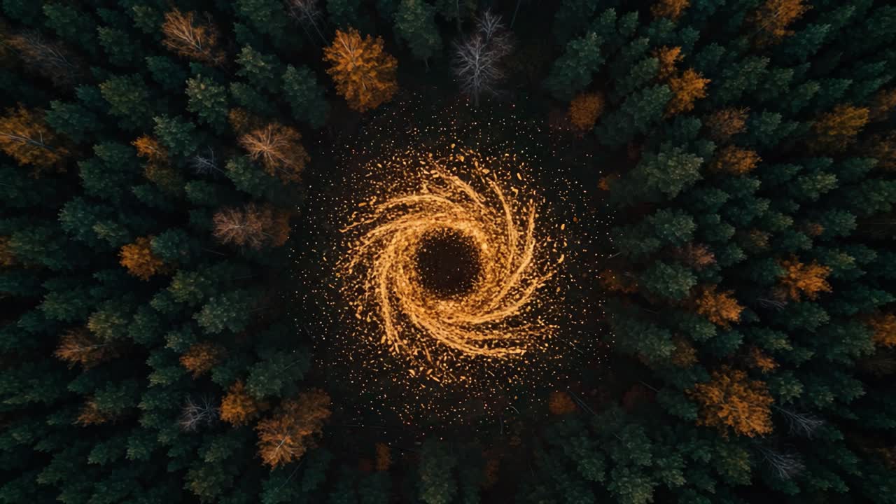 Aerial View of a Spiraling Light Formation Creating a Stunning Contrast Against a Lush Forest Landscape, Emphasizing Nature's Beauty and Artistic Expression