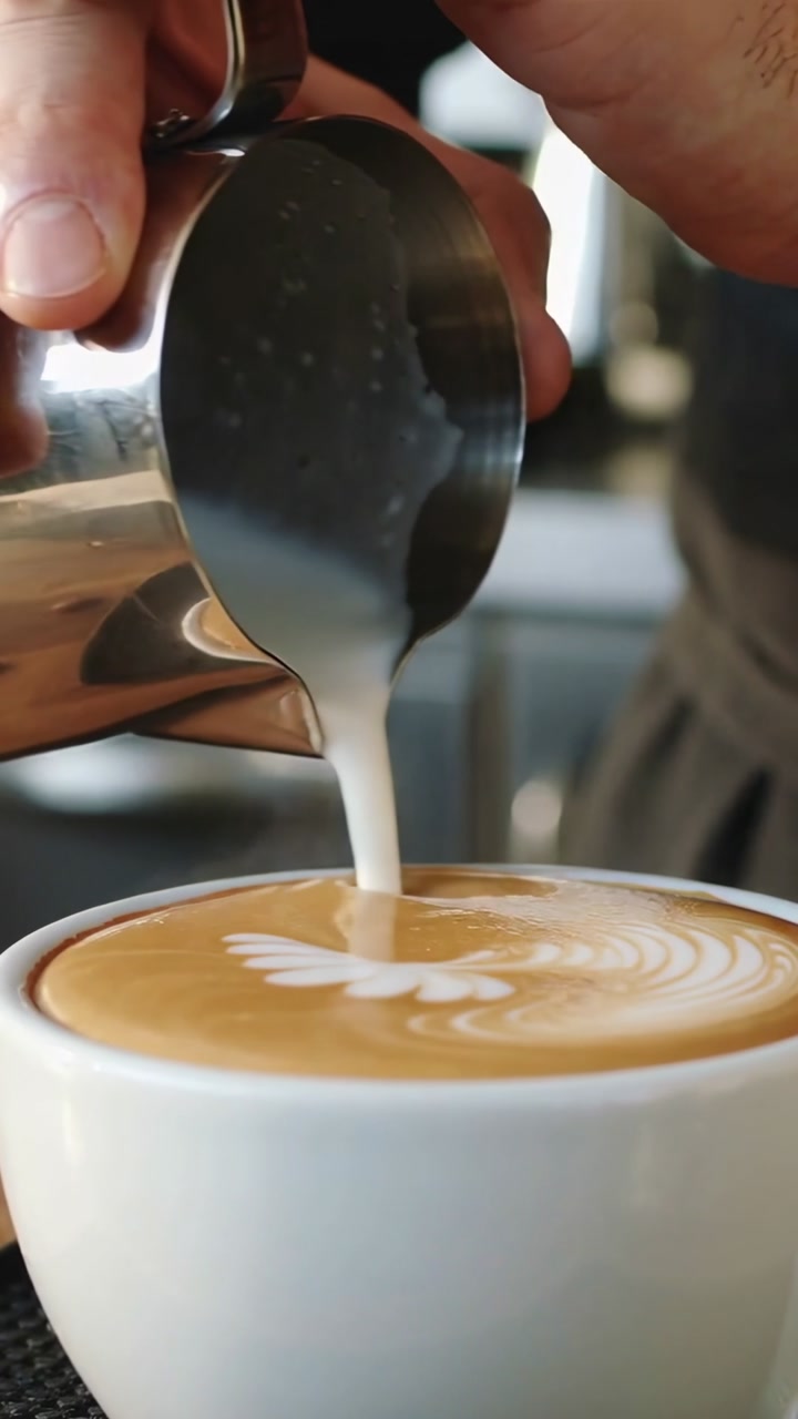 Vertical video: Starting pour barista in apron forming rosetta on cup at cafe with steel pitcher