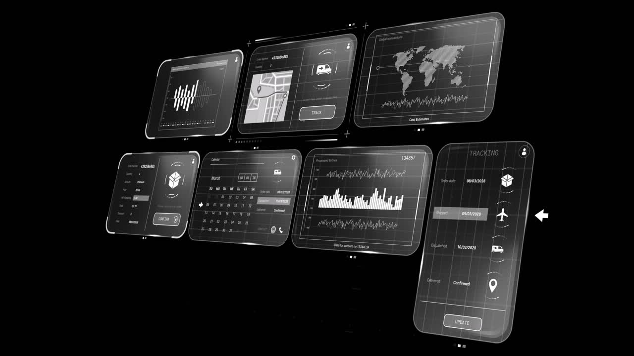 animación del procesamiento de datos en pantallas sobre fondo negro