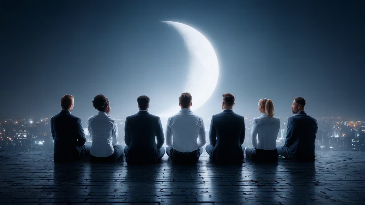 A Group of Individuals in Business Attire Observing a Majestic Crescent Moon Over a Cityscape, Capturing a Moment of Reflection and Connection Under the Night Sky