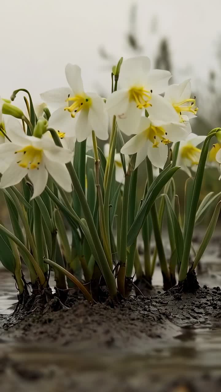 Video verticale: la camera si avvicina a un gruppo di fiori bianchi che ondeggiano su un argine fangoso, rivelando gli stami