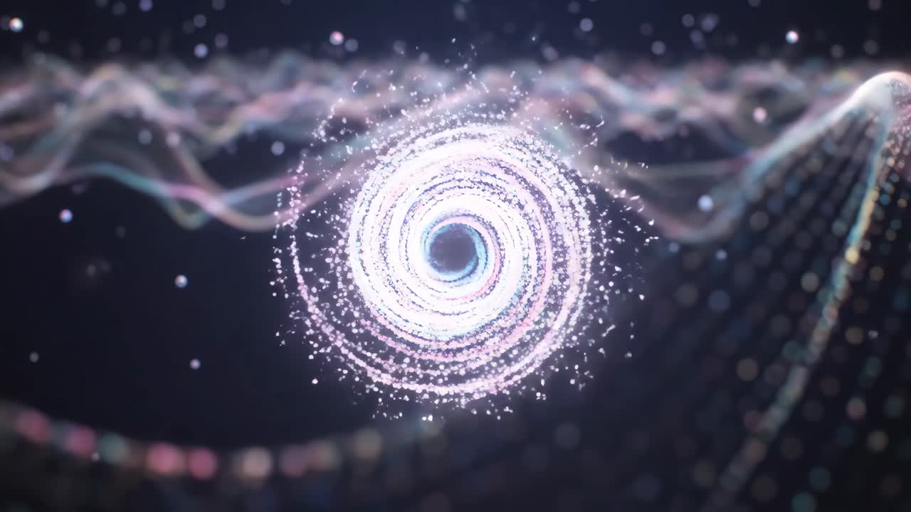 Ethereal Light Waves and Swirling Particles on Dark Background