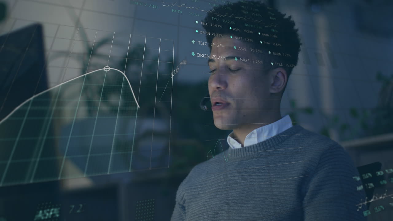 Animation of financial data processing over biracial businessman