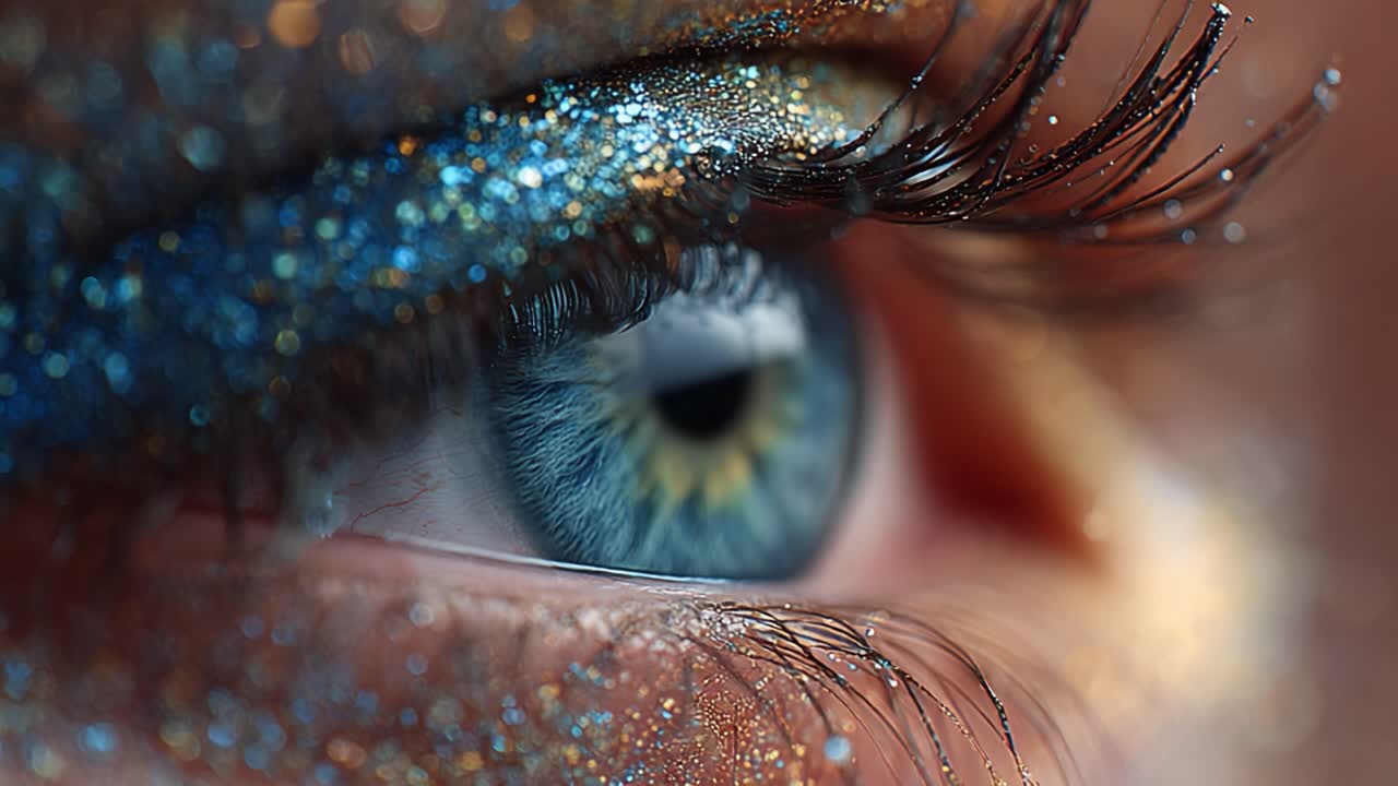 An Intimate Close-Up of an Eye Adorned with Vibrant Glitter and Bold Cosmetics, Showcasing a Dazzling Display of Colors and Textures That Captivate the Gaze