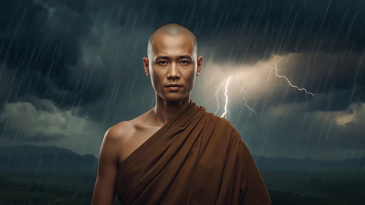 Standing monk with shaved head and brown robe staying calm at hills while lightning flashing