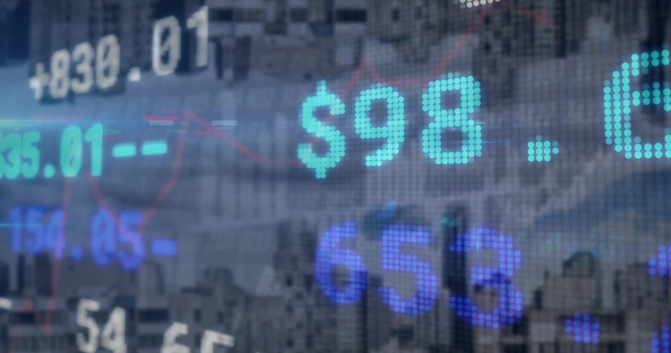 Digital ticker overlay opening over city skyline, animating value shifts and showing market trends