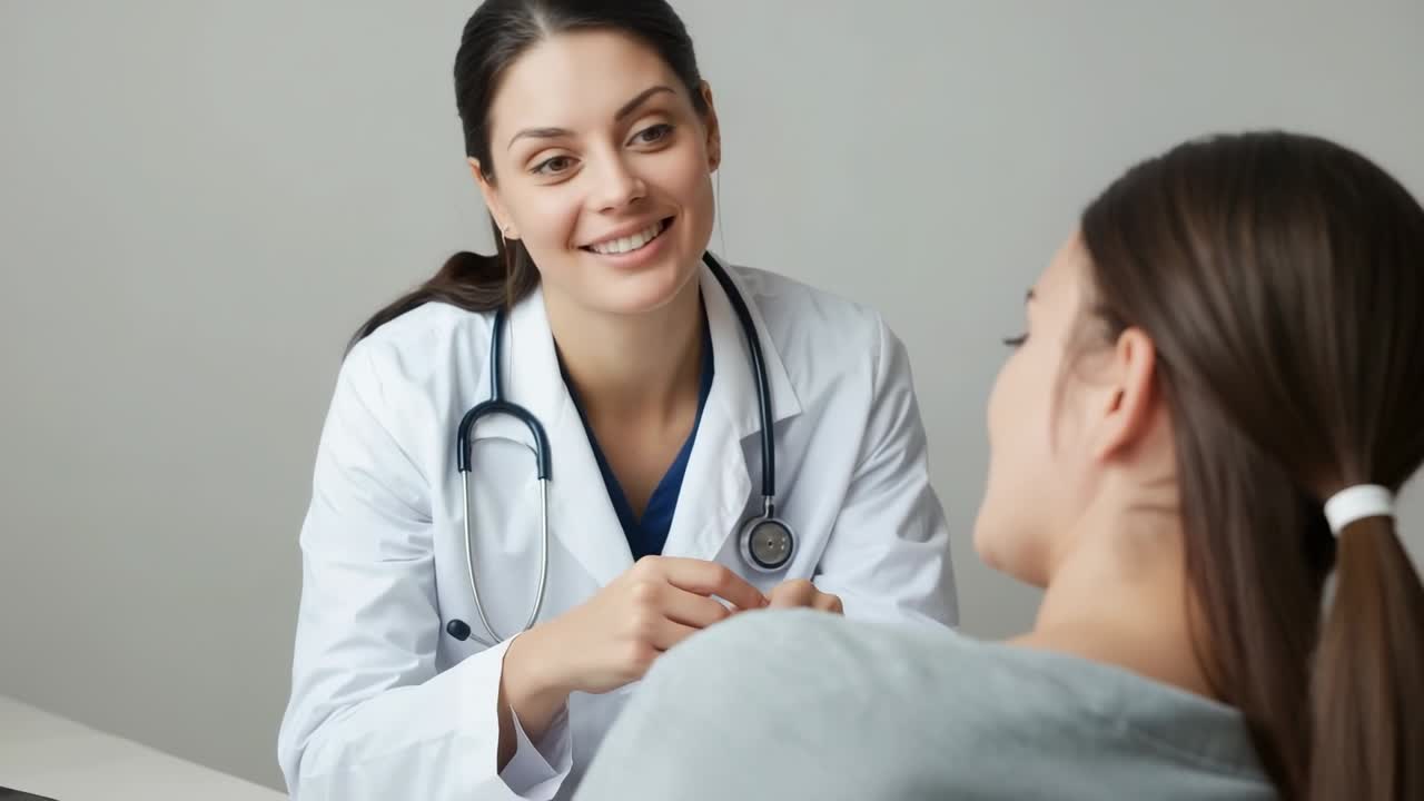 Leaning doctor wearing coat explaining reassuring patient at desk with stethoscope, copy space