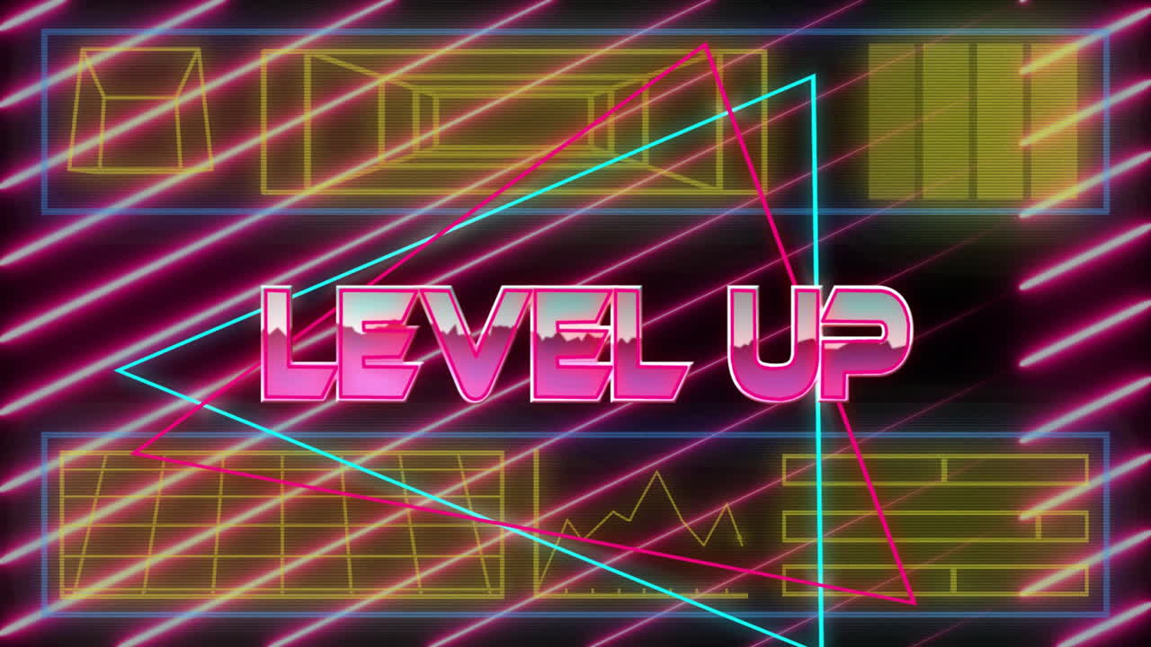 어두운 배경에 네온 기하학적 모양 위에 텍스트 애니메이션을 레벨 업