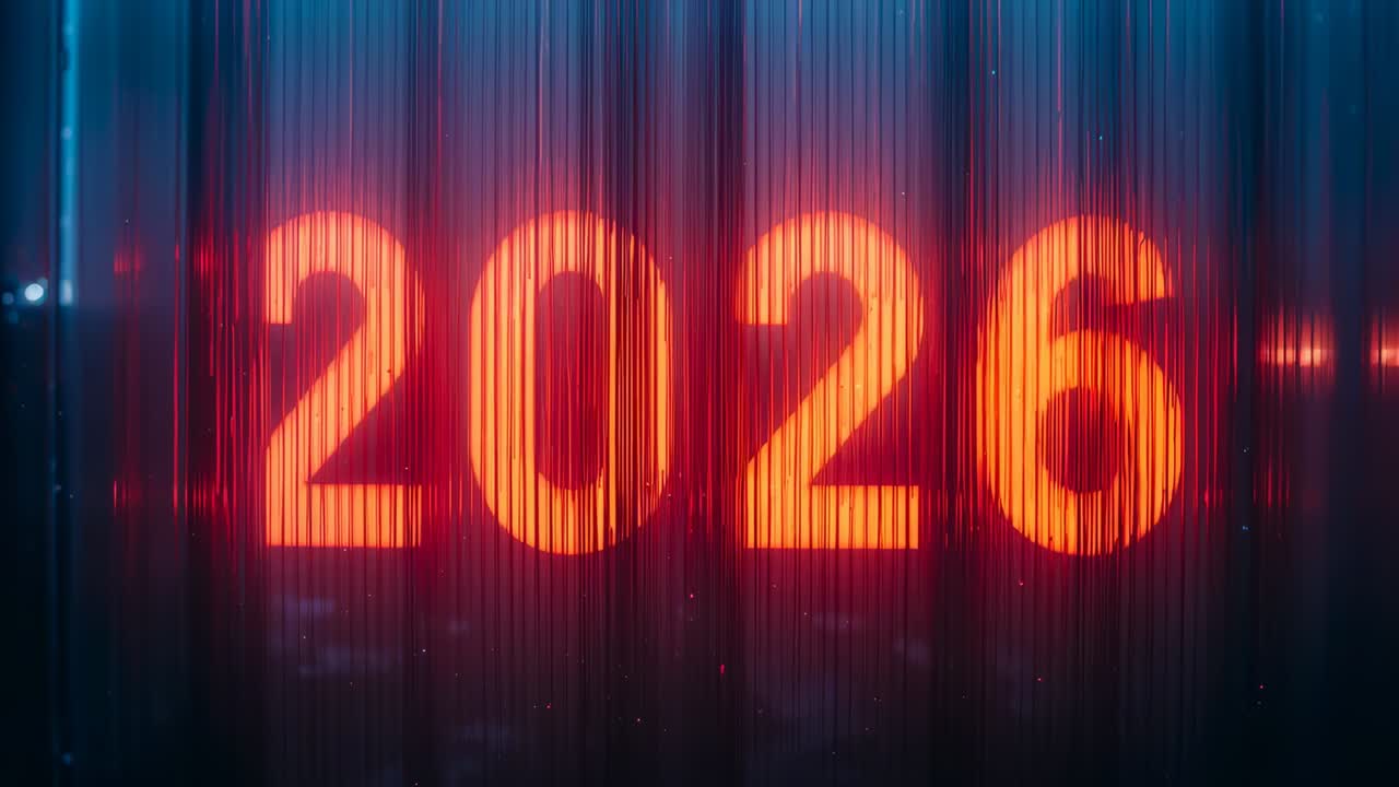 Numeri rossi lampeggianti del 2026 che segnano l'anno, che risplendono attraverso un pannello verticale a coste mentre la luce blu si alza