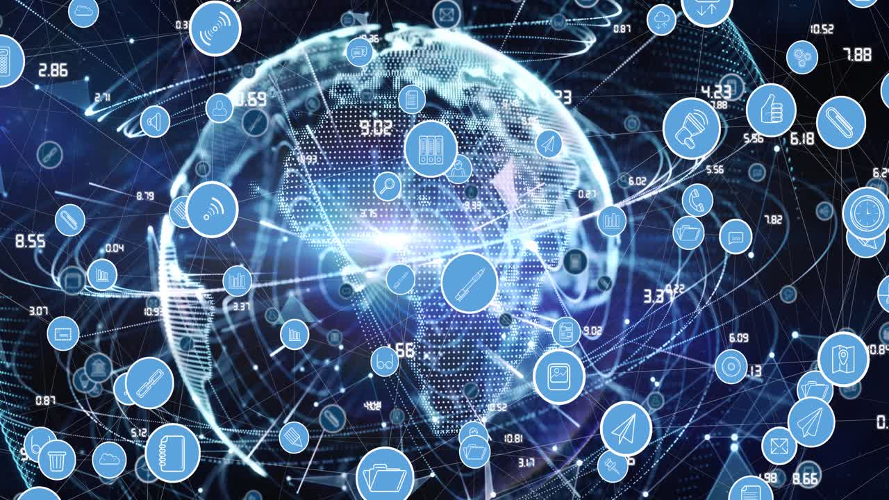 전 세계를 배경으로 디지털 아이콘으로 연결하는 네트워크의 애니메이션