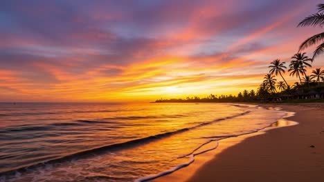 Serene Sunset Over Tranquil Beach: A Breathtaking View of Vibrant Colors Reflected in Calm Waters and Whispering Palm Trees in the Evening Sky