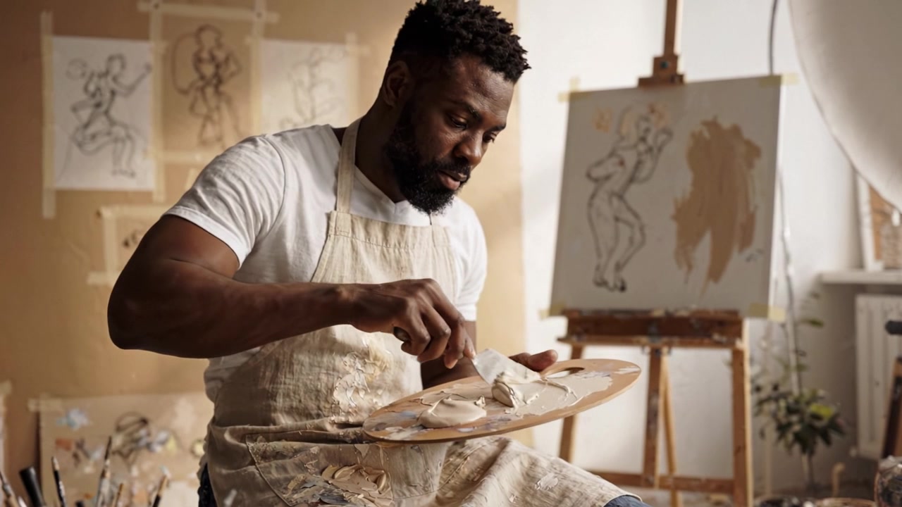 A Passionate Artist Expressing Creativity Through Painting with Palette and Brush in a Room Filled with Artistic Works and Inspiration