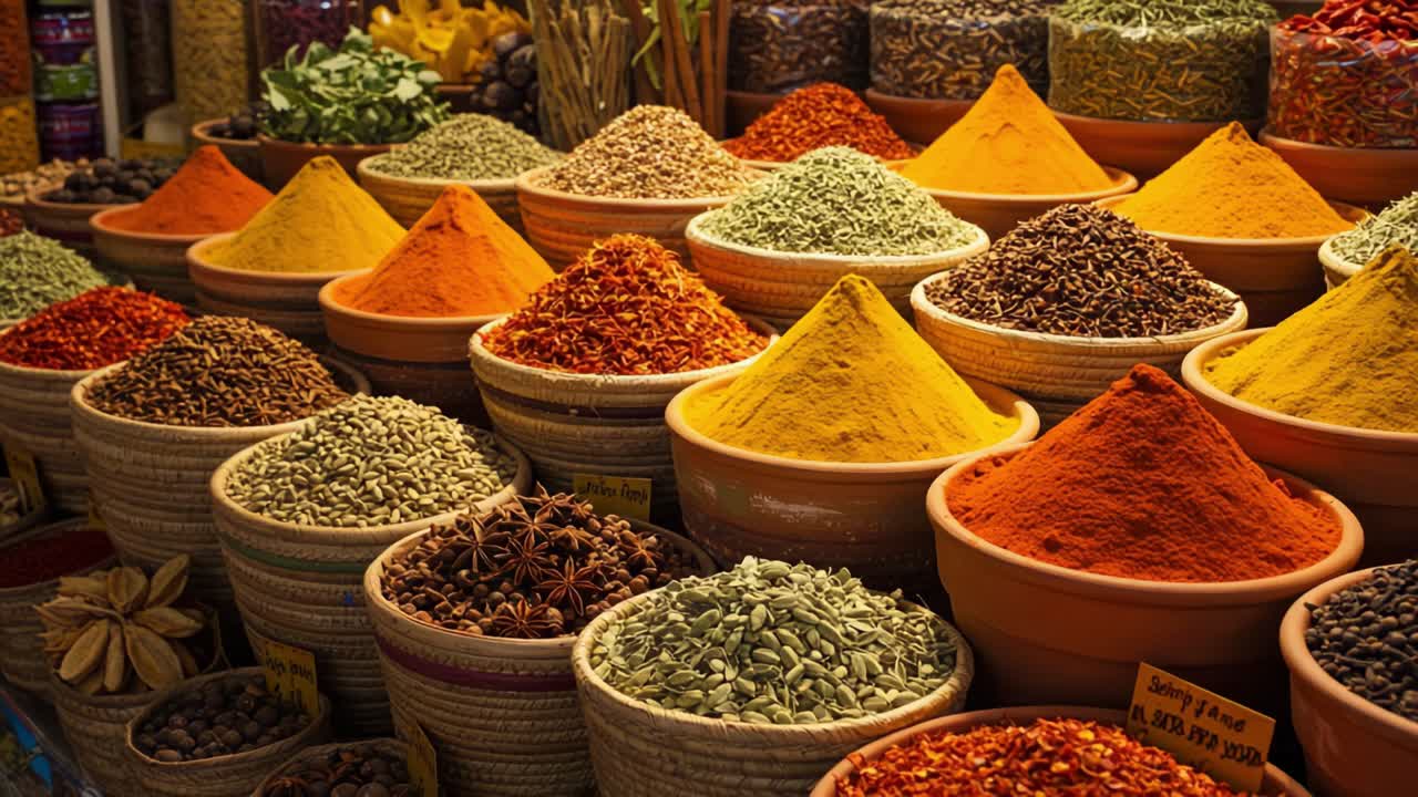 A Vibrant Display of Spices and Herbs in Colorful Pots at a Market, Showcasing the Rich Variety and Texture of Culinary Ingredients from Around the World