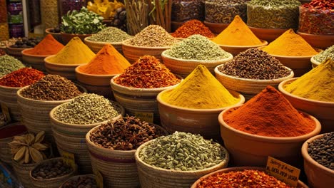 a vibrant display of spices and herbs in colorful pots at a market, showcasing the rich variety and texture of culinary ingredients from around the world