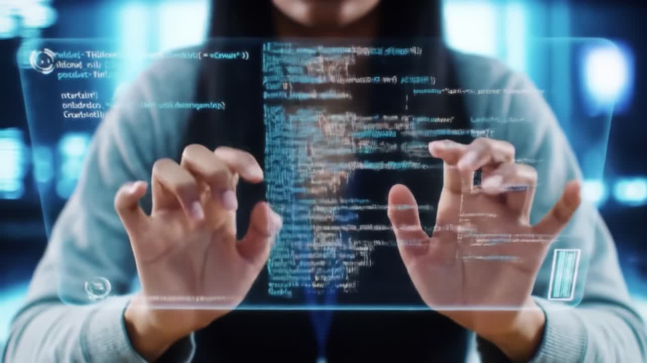 A person is actively coding using a holographic display in a modern tech workspace. The setting features cutting-edge technology and a focus on programming tasks.
