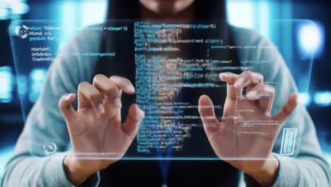 a person is actively coding using a holographic display in a modern tech workspace. the setting features cutting-edge technology and a focus on programming tasks.