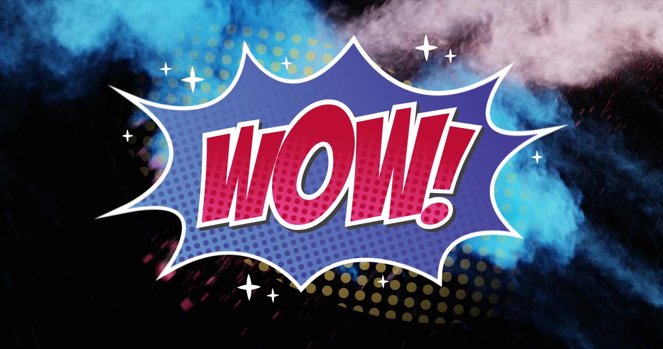 ข้อความ "Wow" บนกรอบคำพูดสไตล์เรโทรพร้อมการระเบิดควันบนพื้นหลังสีดำ