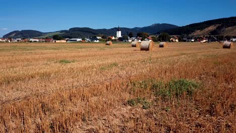 low level flying above field with round haystacks. picturesque small village and hills on background.