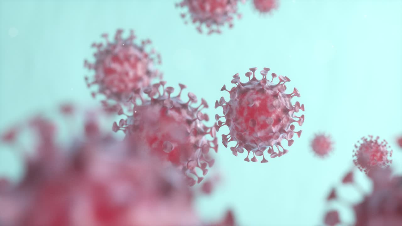 virus de corona dispersos con fondo líquido azul, representación en 3d