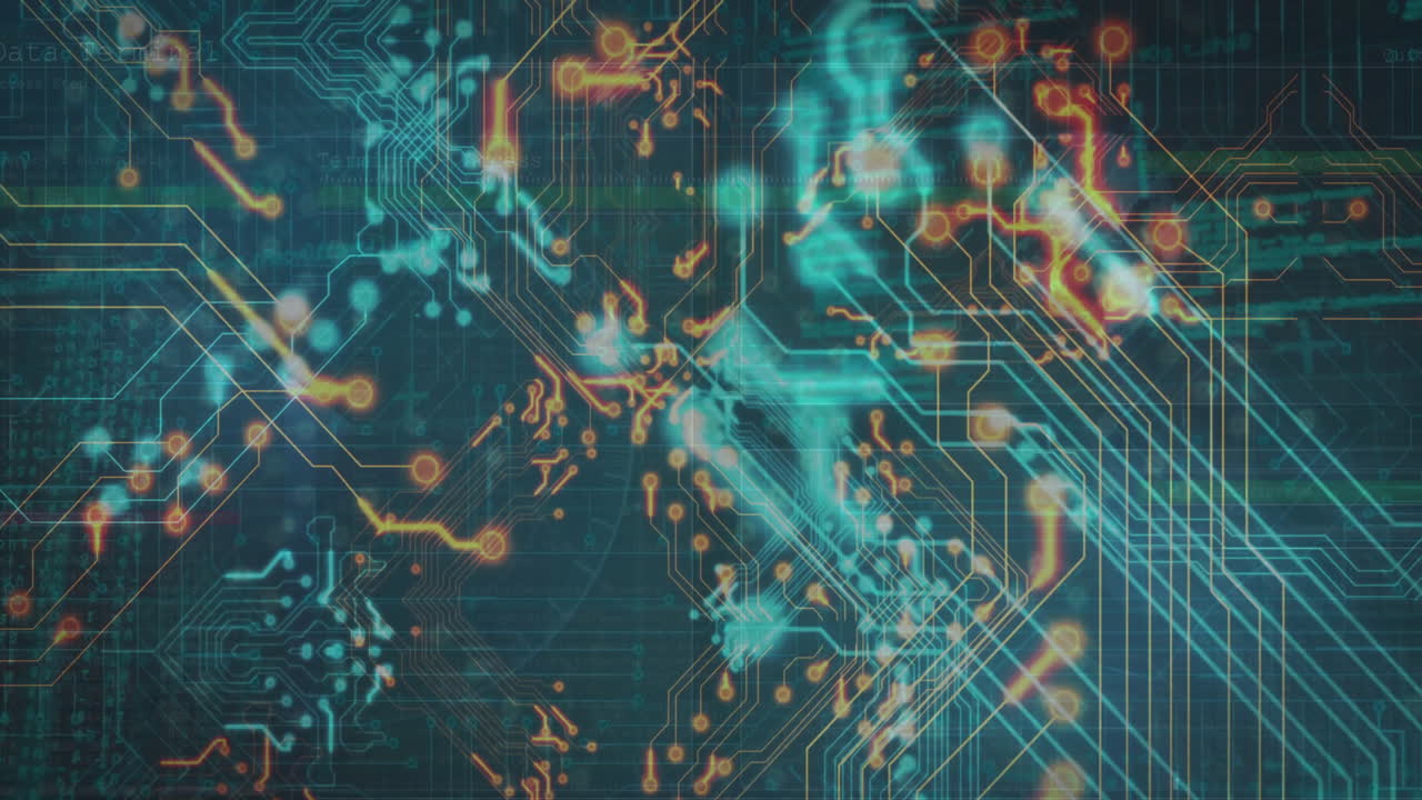 animación de procesamiento de datos digitales con placa de circuitos en fondo oscuro