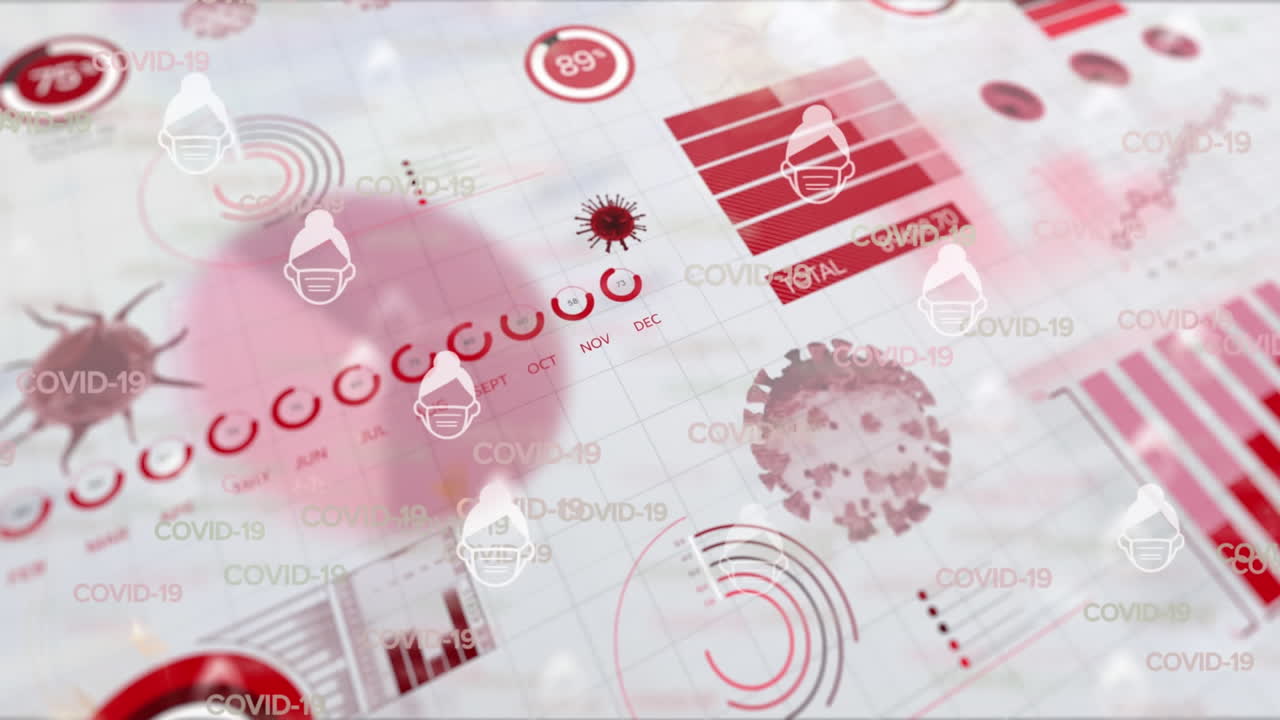 animación de células de covid 19 y texto con registro de estadísticas