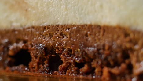 close-up of a decadent layered chocolate and mousse cake