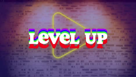 Animation-of-vhs-effect-over-level-up-text-banner-over-neon-play-icon-against-brick-wall-background