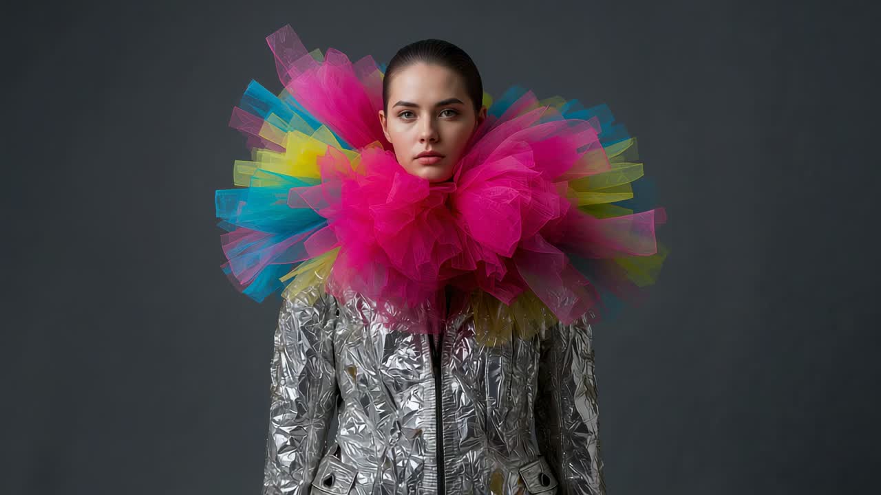 Glancing model causing collar expanding in studio while modeling silver jacket amid teal specks