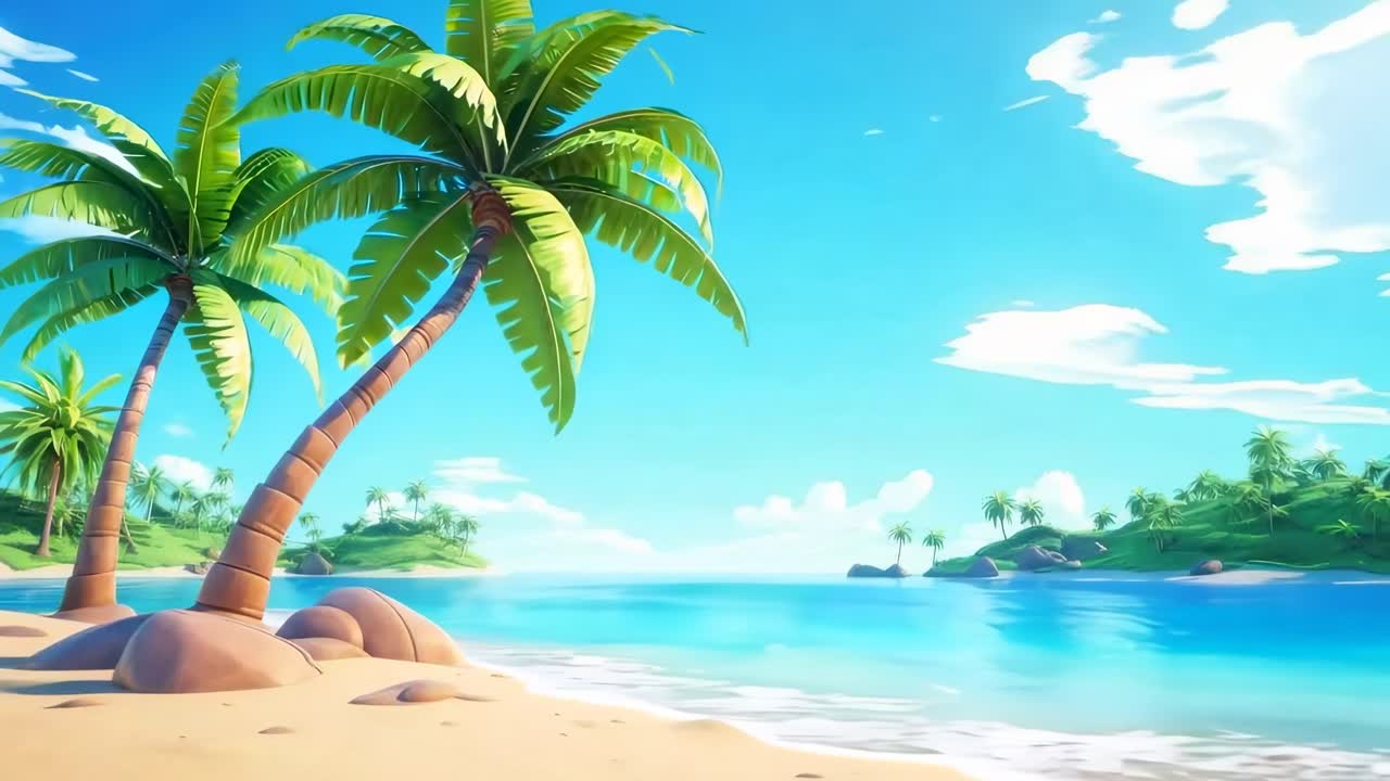 A vibrant, animated tropical beach scene with palm trees and clear ...