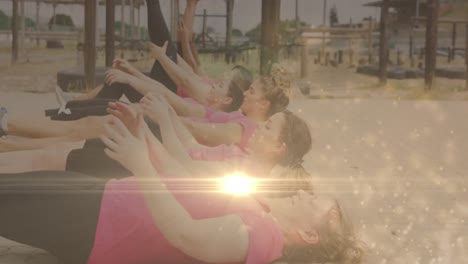 animation of light spots over diverse women at obstacle course exercising