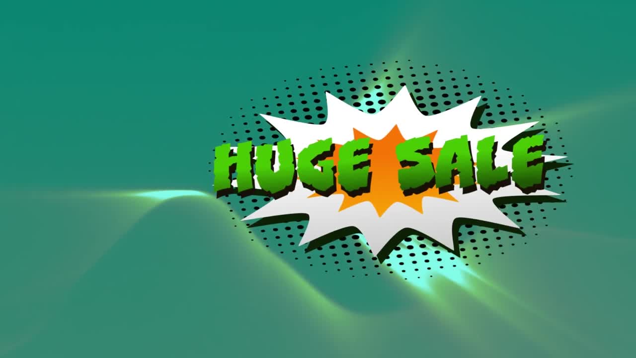 Huge sale text over retro speech bubble against digital waves on green background