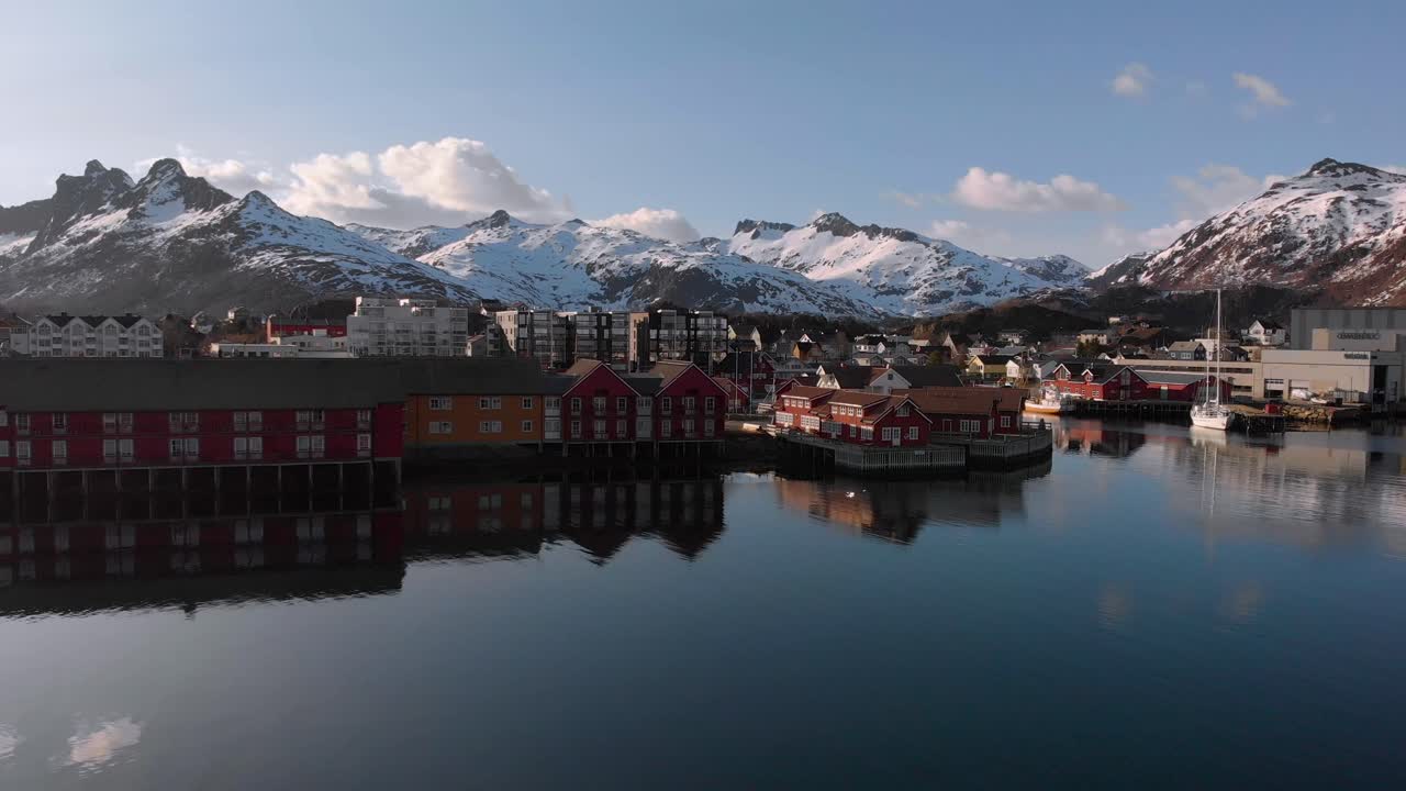 Aerial drone shot over a small fishing town in Lofoten, Norway