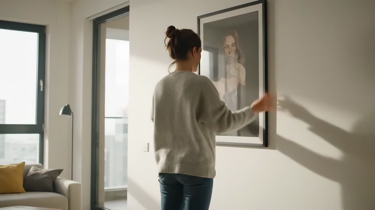 Woman hanging a picture frame on a wall