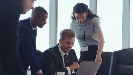 laptop, team work or business people in a meeting