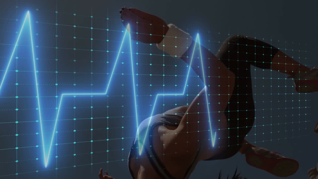Wanita bersiap meluncur dan melakukan salto terbalik, gelombang EKG neon sinkron dengan gerakan untuk kebugaran