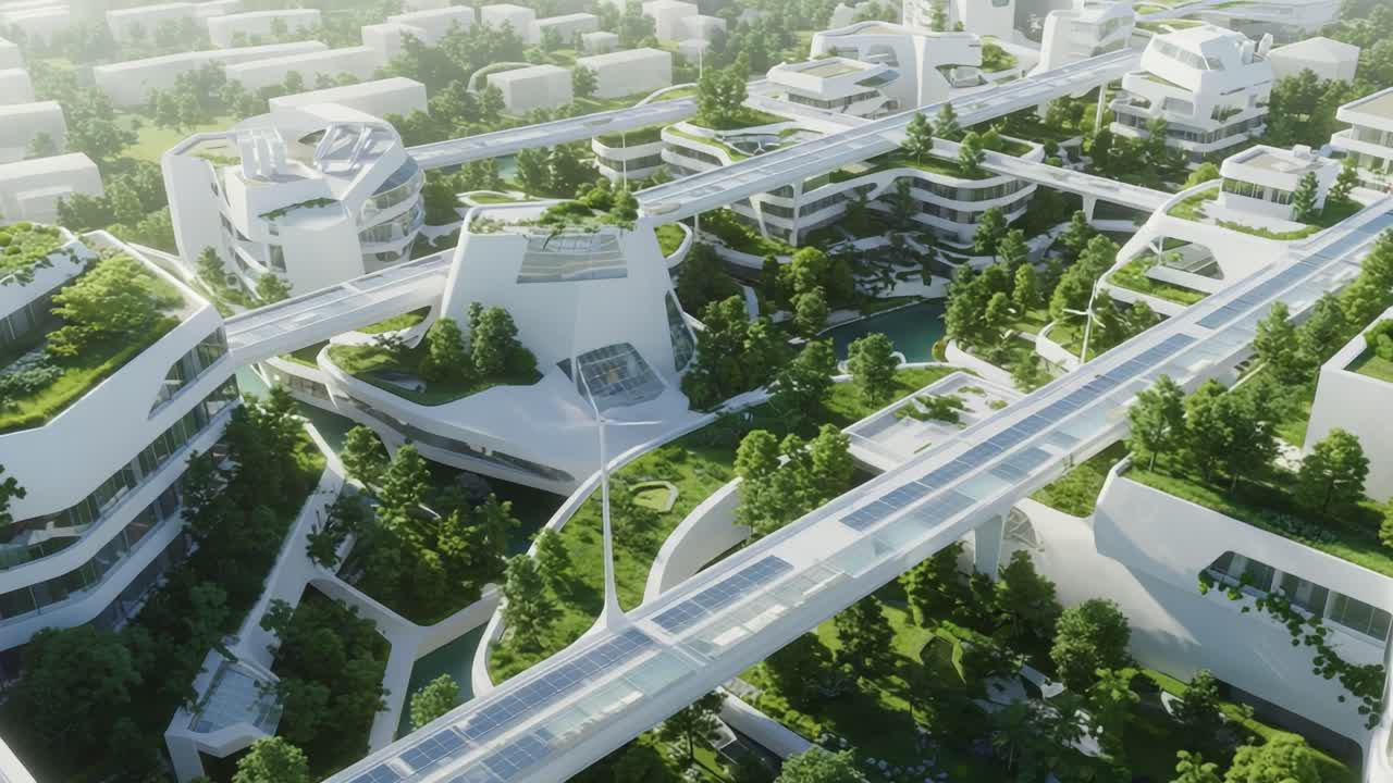 Futuristic Urban Landscape: An Aerial View of an Innovative City Featuring Sustainable Architecture, Integrated Green Spaces, and Advanced Transportation Systems