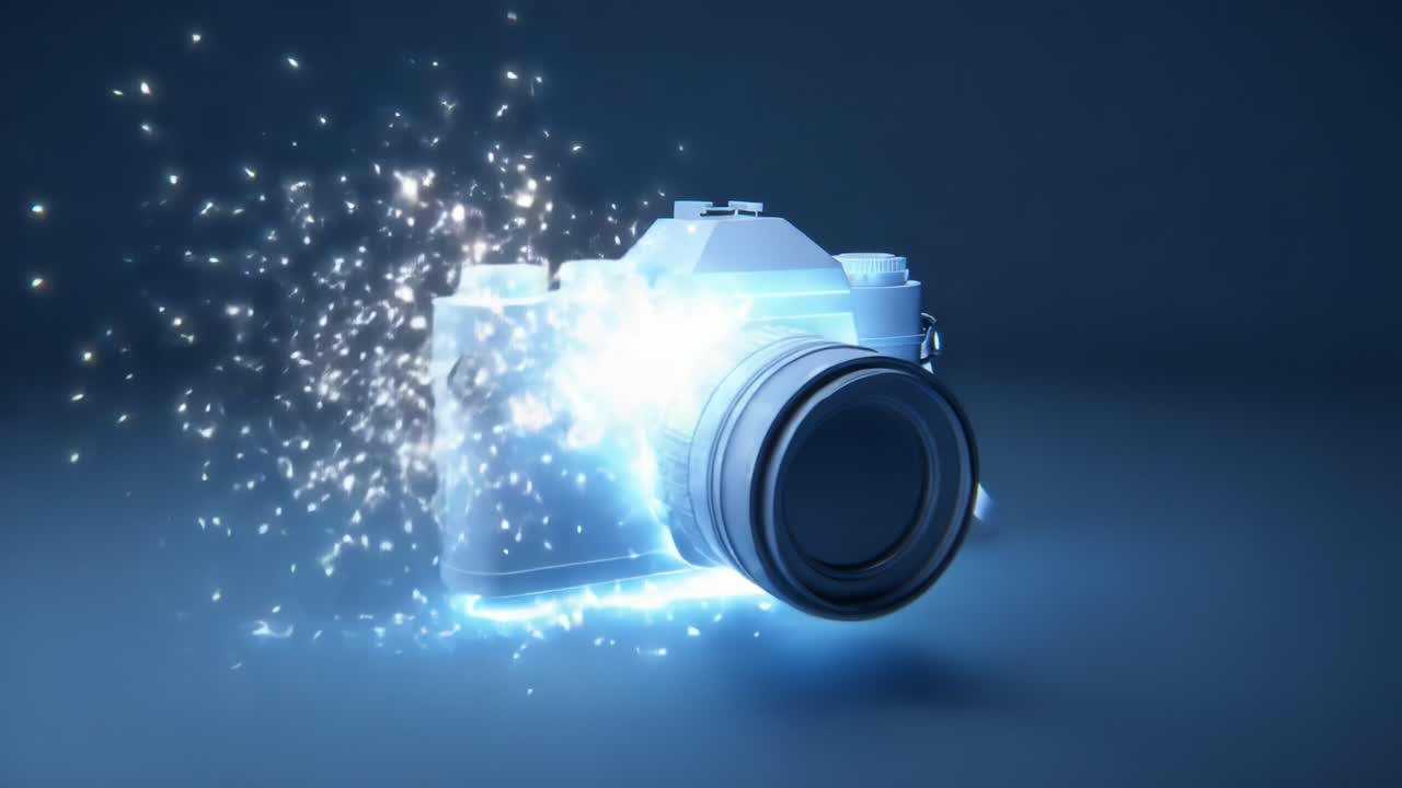 A mesmerizing visual of a camera exploding with shimmering particles, showcasing the beauty of photography in a dynamic and captivating digital art style, emphasizing creativity and innovation