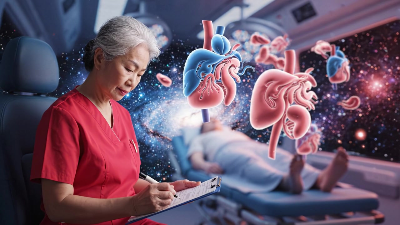 Healthcare Professional Monitoring Patient Vital Signs in Advanced Medical Environment with Dynamic Visualization of Heart and Body Functions
