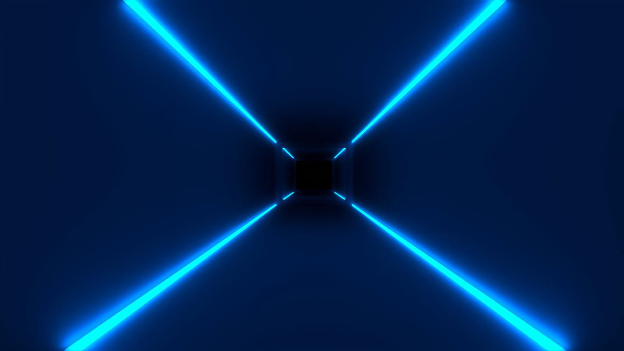 Blue Neon Corridor With Cross Beams And Deep Perspective, Sleek Cyber Glow Guides Viewer Into Infinite Tunnel,
