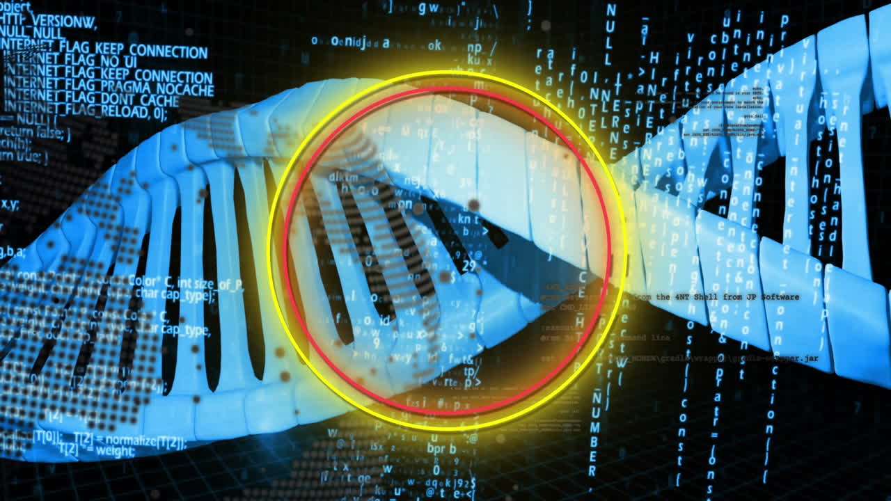 Processing scientific data, DNA strand with binary coding in animation form