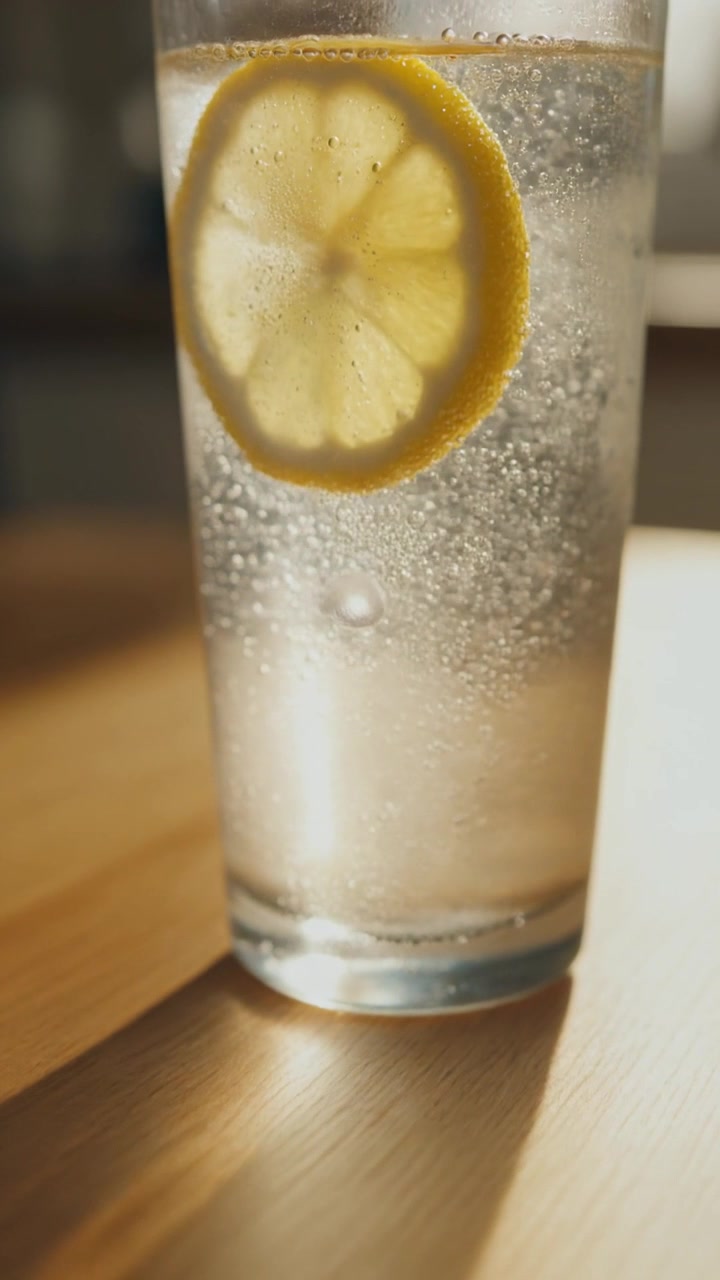 Un bicchiere di acqua frizzante con una fetta di limone su un tavolo di legno