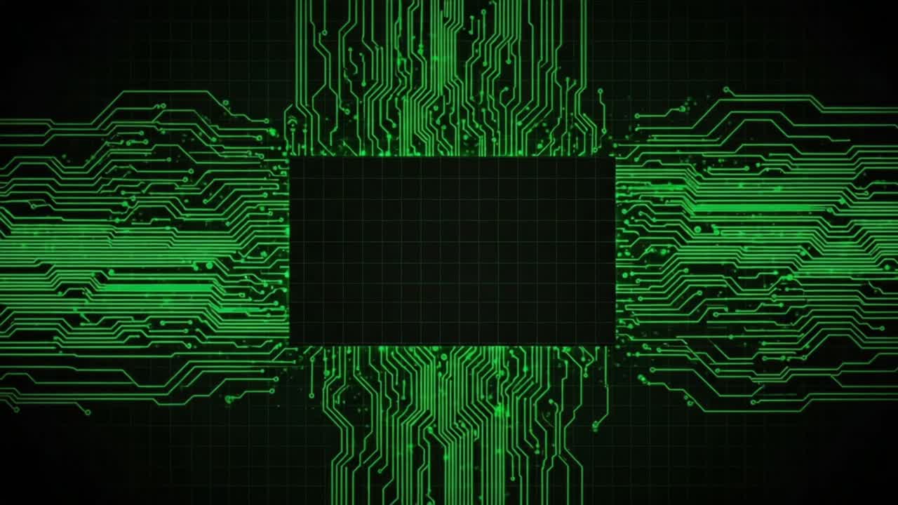 Abstract Digital Circuit Design Emphasizing Green Lines and Central Space, Ideal for Technology Related Backgrounds and Advertisements