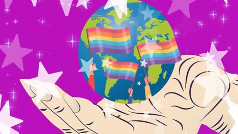 animation of stars over rainbow flags and globe with hand on purple background