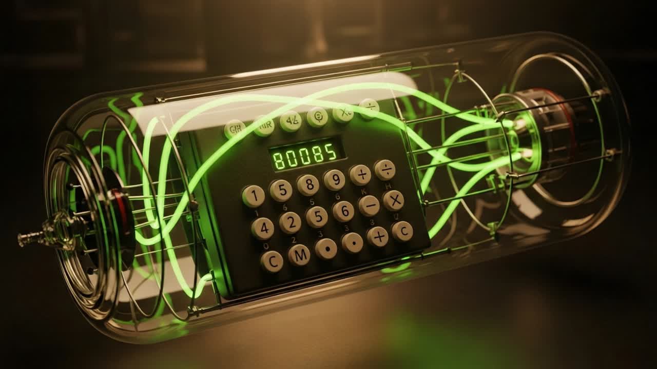 A Futuristic Device Featuring an Intricate Glass Enclosure with Neon Green Lighting and a Retro-Style Keypad Displaying Numeric Values