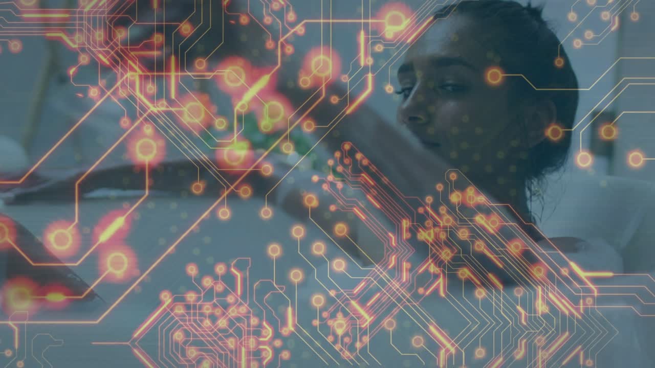 Woman lifting glass, starting circuitry overlaying face while sipping in tub showing tech wellness